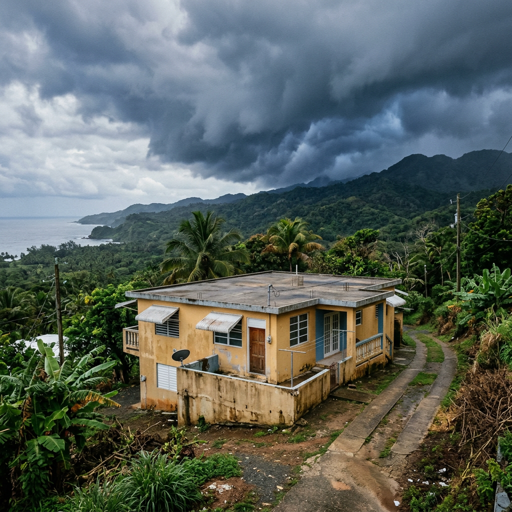 A weathered yellow concrete house on a lush mountainside in Puerto Rico, with a narrow driveway, palm trees, dense greenery, the ocean in the distance, and dark storm clouds gathering overhead.